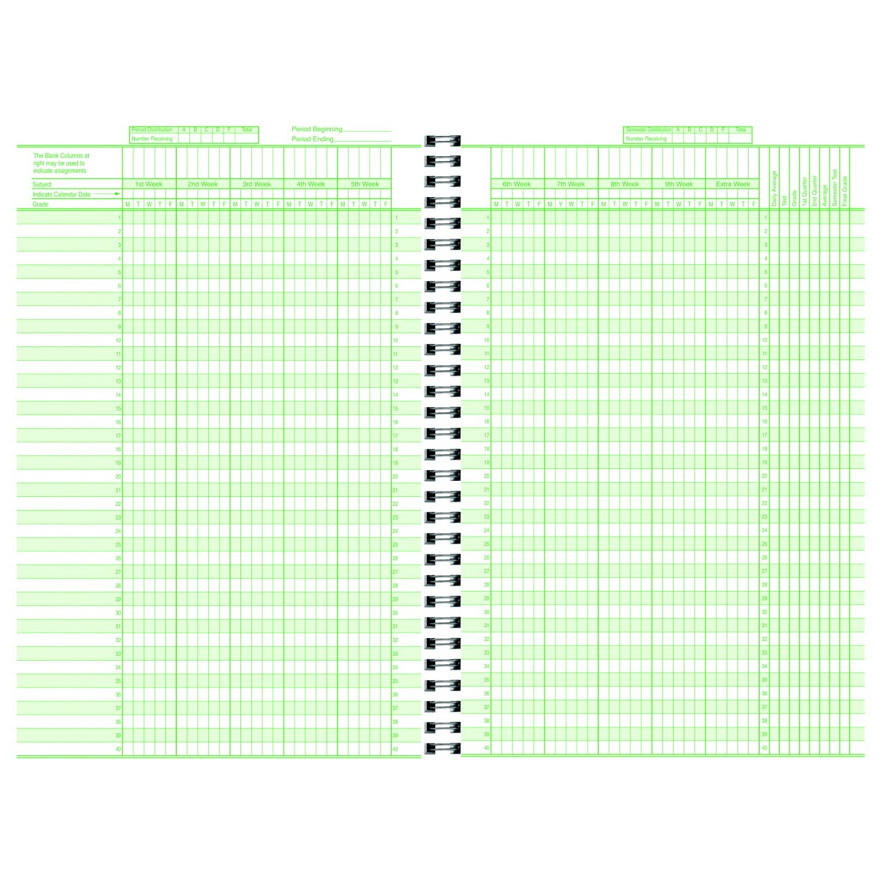 Hammond & Stephens Class Record Book, 40 Students, 9 Week, 8 Subject, 6-3/4 X 11 Inches